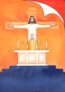 Jesus está presente conosco na missa, orando ao Pai em nosso nome, por ajuda em nossas necessidades e pela salvação eterna. Podemos unir todas as nossas orações com sua grande oração de sacrifício, 2004 (w - c on pa de Elizabeth Wang