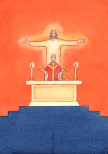 Jesus está presente conosco na missa, orando ao Pai em nosso nome, por ajuda em nossas necessidades e pela salvação eterna. Podemos unir todas as nossas orações com sua grande oração de sacrifício, 2004 (w - c on pa de Elizabeth Wang