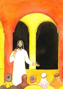 Jesus pregou no Templo, falando a verdade e irritando algumas pessoas que planejaram prejudicá-lo, 2001 (w - c no papel) de Elizabeth Wang