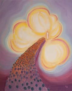 Jesus está no coração da Trindade, regozija-se em nosso louvor ao Pai e anseia que nos juntemos a Ele no Céu., 2001 (óleo a bordo) de Elizabeth Wang