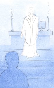 Jesus esteve presente entre nós na Missa, vestido de sacerdote, voltando-se para nós para nos conduzir à oração, 2000 (w - c no papel) de Elizabeth Wang
