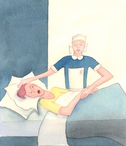 Tal como um pecador moribundo pode (pela graça de Deus) ser salvo do Inferno pela visita de uma pessoa caridosa, como uma enfermeira, por exemplo, 2005 (aguarela sobre papel) de Elizabeth Wang