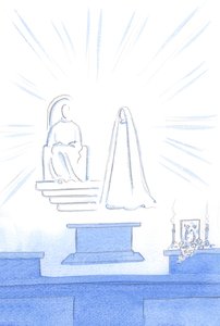 Assim como, para uma festa terrena, temos convidados, música e luz, também convidados celestiais participam da &39;festa&39; que é a nossa novena e bênção !, 2002 (w - c no papel) de Elizabeth Wang