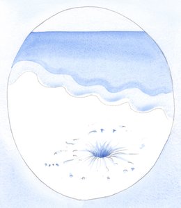 Assim como a luz e o ar se derramam em um espaço oco sob a areia, a graça de Deus se derrama em uma alma "oca" por atos de auto-abnegação, 2002 (w - c no papel) de Elizabeth Wang