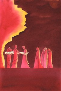 Como Maria, às vezes temos que enfrentar o Enterro de nossas esperanças terrenas; no entanto, Deus pode nos dar alegria duradoura se colocarmos nossa confiança Nele, 2002 (w - c no papel) de Elizabeth Wang