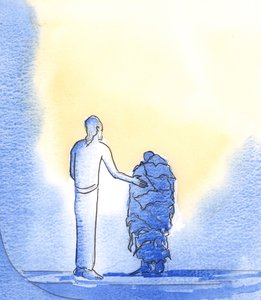 Como pobres mendigos, precisamos da ajuda de Cristo, que roga ao Pai por nós, sempre que oramos em Seu nome, 2002 (w - c no papel) de Elizabeth Wang