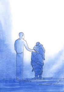 Como pobres mendigos, precisamos da ajuda de Cristo, que roga ao Pai por nós, sempre que oramos em Seu nome, 2002 (w - c no papel) de Elizabeth Wang
