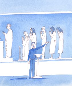 Muitos católicos actuais, que não acreditam em todos os ensinamentos da Igreja, pintam uma caricatura da época anterior ao último Concílio, 2005 (aguarela sobre papel) de Elizabeth Wang