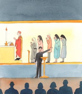 Muitos católicos actuais, que não acreditam em todos os ensinamentos da Igreja, pintam uma caricatura da época anterior ao último Concílio, 2005 (aguarela sobre papel) de Elizabeth Wang