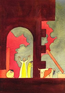 Muitos anos antes do nascimento de Cristo, Jerusalém foi invadida e o templo sagrado profanado e destruído, para horror do povo, 2001 (w - c no papel) de Elizabeth Wang