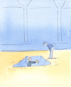 De que serve se um homem que precisa ser levantado de um buraco na estrada simplesmente diz por um transeunte: "Estou orando por você" São necessárias orações e ajuda prática., 2004 (w - c no papel) de Elizabeth Wang