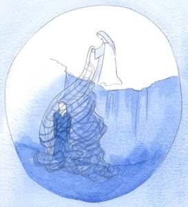 Ao ver-nos aproximar-nos de um santuário e ao ver a nossa devoção, um santo lança uma &39;rede&39; de graça, para nos aproximar do Céu, 2002 (w - c no papel) de Elizabeth Wang