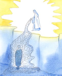 Ao ver-nos aproximar-nos de um santuário e ao ver a nossa devoção, um santo lança uma &39;rede&39; de graça, para nos aproximar do Céu, 2002 (w - c no papel) de Elizabeth Wang