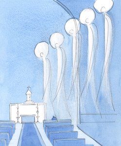 Na festa de São Miguel e todos os Anjos, eu &39;vi&39; os Anjos enquanto eles esperavam na igreja antes do início da Missa, adorando a Cristo que estava realmente presente no tabernáculo, 2004 (c - c no papel) de Elizabeth Wang