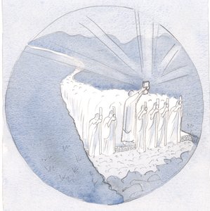 No caminho da Sagrada Tradição, erguendo no alto as Sagradas Escrituras, caminham os professores: bispos e padres com todo o povo., 2001 (w - c no papel) de Elizabeth Wang