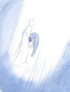Certa vez, Cristo abraçou rapidamente uma alma que partia após sua purificação, erguendo-a - como um bebê recém-nascido recém-nascido - bem alto em direção ao Céu., 2001 (w - c no papel) de Elizabeth Wang