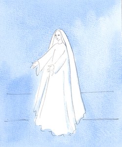 Nossa Senhora estende-me os seus braços, mostrando-me a sua alegria em ser amada e acolhida, 2005 (aguarela sobre papel) de Elizabeth Wang