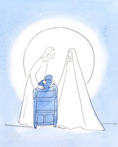 Nossa Senhora estava comigo, com seu Filho, oferecendo uma saudação pascal. Ambos ficaram maravilhados com minha alegria em vê-los e em saber que estão felizes no céu, 2003 (w - c no papel) de Elizabeth Wang
