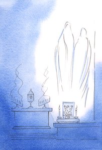 Nossa Senhora e São José ficaram contentes por estar conosco como dois santos ajudantes, e por ouvir &39;os Divinos Louvores&39; que oramos na Presença de Cristo, 2002 (w - c no papel) de Elizabeth Wang