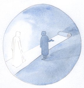 Nossa vida pela frente é como uma estrada real. Podemos dar um passo adiante, exigindo atenção, ou podemos caminhar pacientemente atrás de Cristo., 2001 (w - c no papel) de Elizabeth Wang