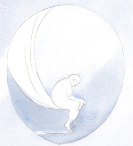 Nossos pequenos defeitos são como os pedaços de distancia que podemos limpar de nossos pés após uma viagem, sentados nos braços de Deus., 2001 (w - c no papel) de Elizabeth Wang