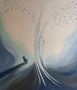 Nossas orações e devoções pessoais, como o Rosário, nos unem ao Céu e fazem as delícias de nosso Anjo da Guarda, 2001 (óleo a bordo) de Elizabeth Wang