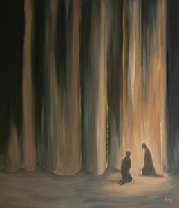 Nossas orações, mesmo na escuridão, nos unem a Jesus, que nos prepara para a glória celestial que está atrás da cortina, 2001 (óleo a bordo) de Elizabeth Wang