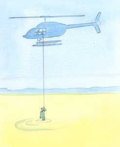 As pessoas são ajudadas por nossas intercessões por eles em oração tão seguramente quanto uma pessoa desesperada apanhada em uma areia movediça é ajudada por amigos que a puxam de um helicóptero para um local seguro, 2003 (w - c no papel) de Elizabeth Wang
