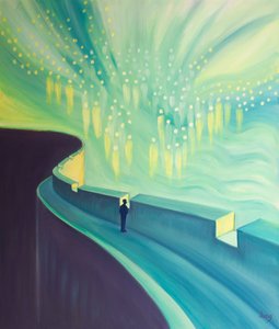 A oração é como um vislumbre da eternidade, visto das ameias de nossa morada terrena, quando paramos e nos voltamos para Deus, 2000 (óleo a bordo) de Elizabeth Wang