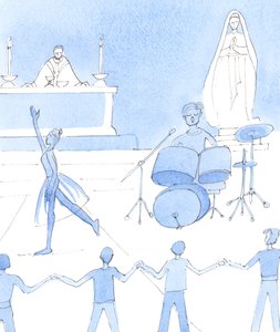 Algumas das nossas tentativas de atrair jovens para a missa são desnecessárias ou mesmo tolas, 2004 (w - c no papel) de Elizabeth Wang