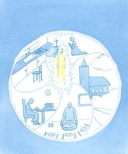 Alguém que mantém Cristo no centro da vida O tem como um fator unificador entre as muitas pessoas e incidentes de toda aquela vida, 2003 (w - c no papel) de Elizabeth Wang