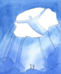 O Pai vê tudo o que nos acontece, enquanto vivemos e trabalhamos nas "trevas" da vida terrena, como se estivéssemos numa caverna profunda, muito abaixo da glória do Céu, 2005 (aguarela sobre papel) de Elizabeth Wang