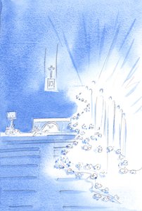 Estavam presentes os Santos Anjos: decoravam a Igreja com guirlandas, mostrando a alegria do Céu com uma ordenação de 2002 (w - c no papel) de Elizabeth Wang