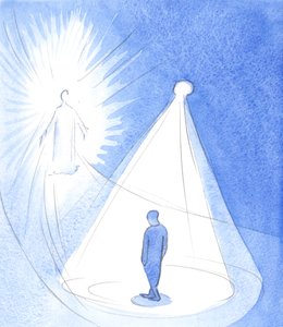 O Espírito Santo é como uma lâmpada, brilhando acima de nós, enquanto caminhamos em direção a Cristo no céu, 2001 (w - c no papel) de Elizabeth Wang