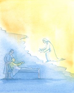O Processo de Morrer: Morrer é uma espécie de trabalho. Cristo está esperando para dar as boas-vindas a cada um de Seus filhos fiéis que entrarão no Céu depois de um tempo no &39;ventre&39; da vida terrena, 2003 (w - c no papel) de Elizabeth Wang