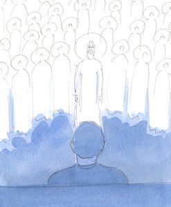 Os santos estão ao nosso redor, com Cristo, enquanto oramos; eles se deleitam no amor em nossos corações, e em cada palavra e gesto reverente enquanto os honramos, e adoramos e louvamos as Três Pessoas Divinas., de Elizabeth Wang