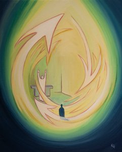 O Espírito nos inspira a louvar a Cristo e oferecer Seu louvor ao Pai em um &39;círculo&39; incessante de oração, 2001 (óleo a bordo) de Elizabeth Wang