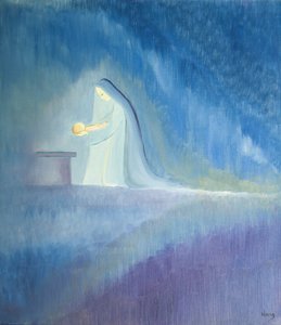 A Virgem Maria cuidou de seu filho Jesus com simplicidade e alegria, 2001 (óleo a bordo) de Elizabeth Wang