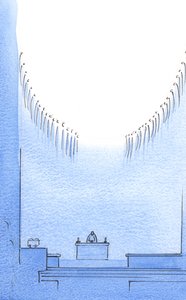 Toda a Igreja está reunida: No &39;Santo, Santo, Santo Senhor&39;, eu vi alguns dos milhares de santos do céu, que louvam a Deus sem nós, enquanto ficam maravilhados diante de Sua infinita majestade, 2003 (w - c de Elizabeth Wang
