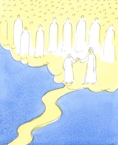 A bem-aventurada alma que perseverou até o fim, no amor a Cristo e ao próximo, é conduzida pela mão de Cristo, ao encontro dos amigos celestiais que estão reunidos para recebê-la em sua companhia, 2004 de Elizabeth Wang