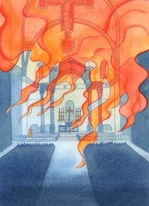 A igreja ou catedral em que os católicos oram está aos cuidados de Deus, 2003 (w - c no papel) de Elizabeth Wang