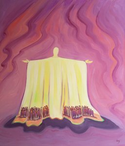 A oração de Jesus na Missa é como uma tenda que nos acolhe e protege no deserto das lutas e tentações quotidianas, 2001 (óleo a bordo) de Elizabeth Wang