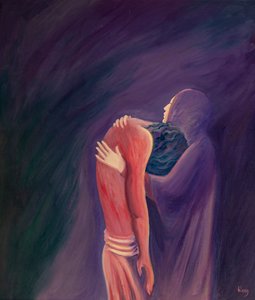 A Virgem Maria dolorosa segura o seu Filho Jesus após a sua morte, com o coração trespassado pela dor, mas cheia de fé, 2000 (óleo sobre tábua) de Elizabeth Wang