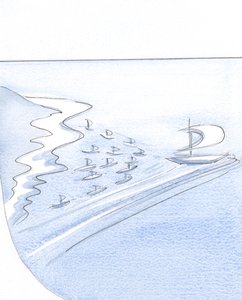 A alma que confia em Cristo é como um navio cujas velas estão cheias do vento da graça, que atrai outros na sua esteira., 2001 (w - c no papel) de Elizabeth Wang