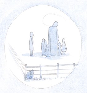 A criança chorosa que ficou em um canto não só faltou confiança, mas faltou confiança; estava absorto em si mesmo; e assim é conosco, na vida espiritual, se formos egocêntricos., 2000 (w - c no papel) de Elizabeth Wang