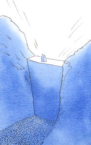 A parede do pecado, que nos separa de Deus, é escalada apenas por Cristo, que está com Sua mãe. Só Ele pode nos ajudar a alcançar a Glória do Céu, 2002 (w - c no papel) de Elizabeth Wang