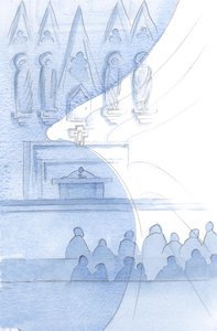 Todo o edifício da igreja está apinhado de anjos; nós os escovamos a cada momento., 2001 (w - c no papel) de Elizabeth Wang