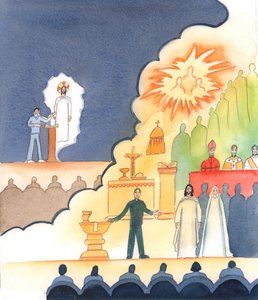 Há palestras públicas para curiosos, nas quais os oradores falam da sua amizade pessoal com Jesus, reforçada pelo que lêem na Bíblia, 2005 (aguarela sobre papel) de Elizabeth Wang