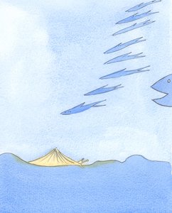 Aqueles na Igreja que são orgulhosos ou ambiciosos são como peixes que voam excitados e viajam para longe, mas estão em perigo por causa de peixes maiores, 2003 (w - c no papel) de Elizabeth Wang