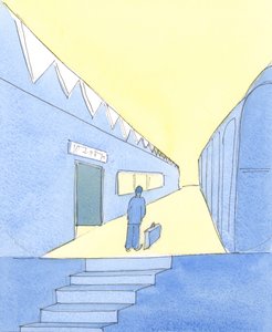 Aqueles que emergem da morte prontos para o Céu, e aqueles que emergem do Purgatório após a purificação, são como pessoas finalmente de pé em uma plataforma na estação, com a sacola feita, 2004 (w - c on p de Elizabeth Wang